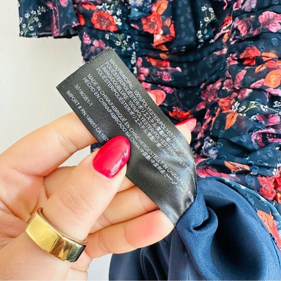 Keepsake Need You Now Navy Blue Red White Floral Ruffle Rouched Midi Dress XS - Picture 6 of 14